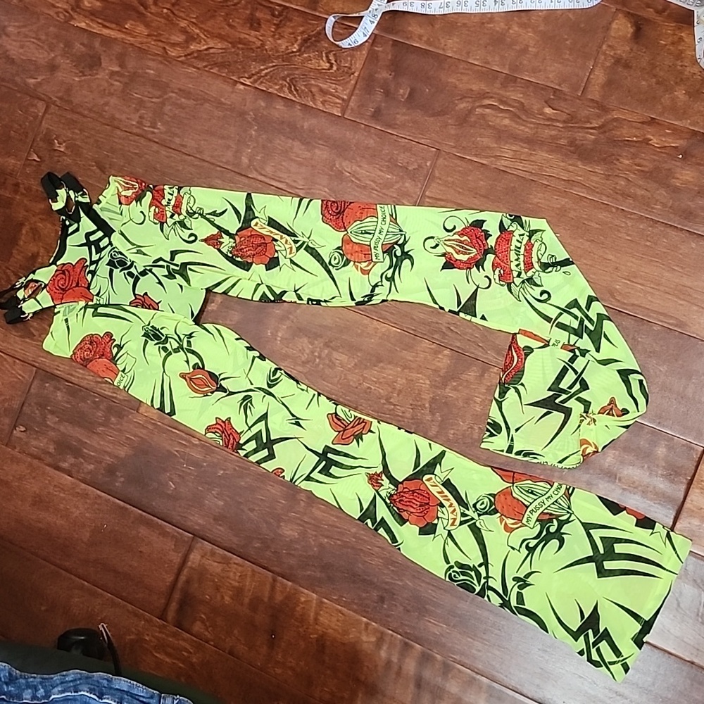 NwT NAMILIA Neon green tattoo rose speed racer pants mesh
